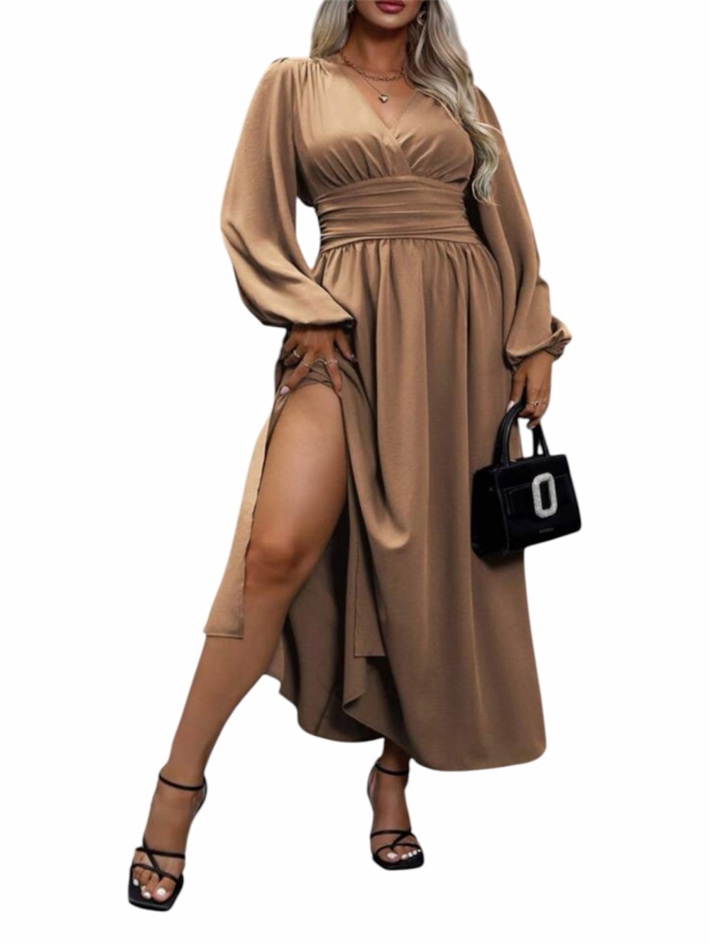 🆕SHEIN V-Neck Ruched Waist Lantern Sleeve Side Split Hem Elegant Dress - Picture 9 of 9